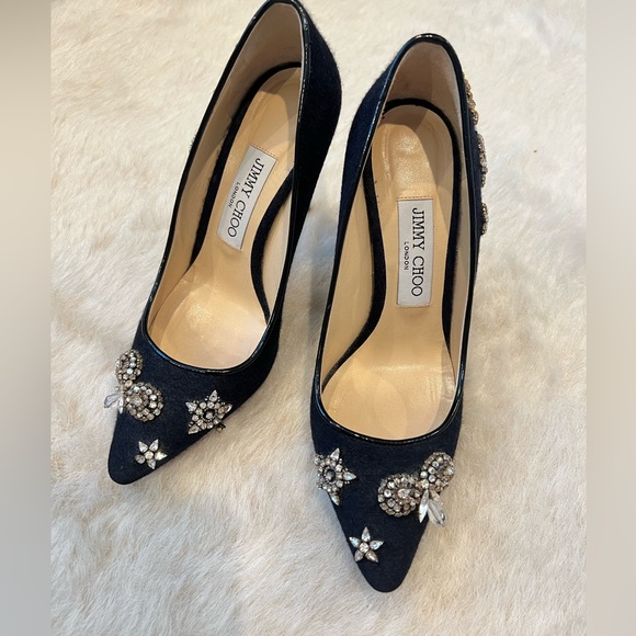 Jimmy Choo Romy 100 Embellished Flannel Point-Toe Pumps - Picture 1 of 12